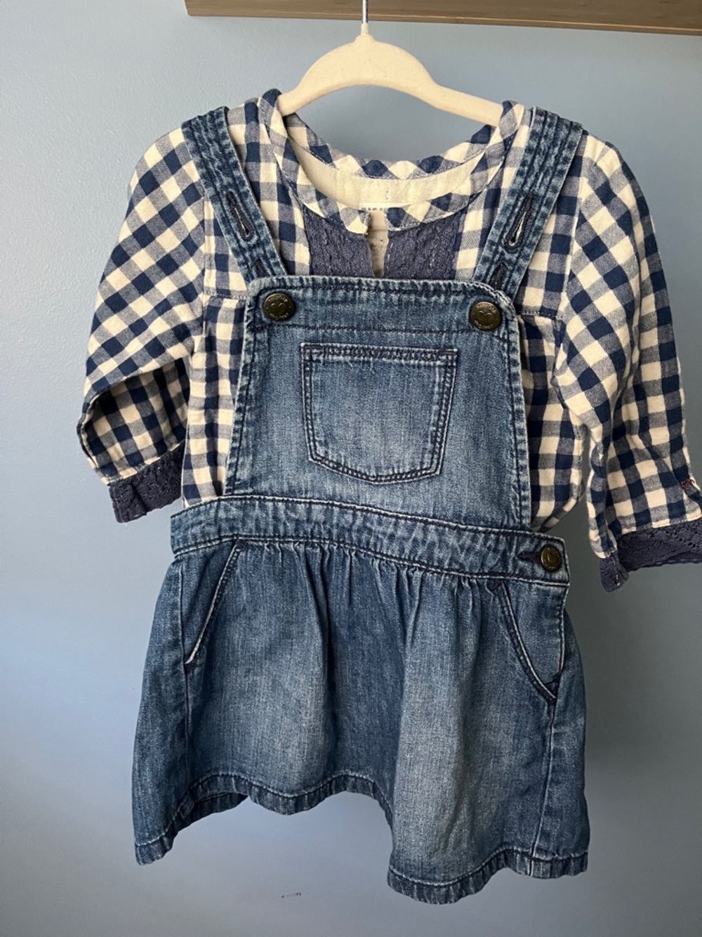 Gap Blue Denim Overall Dress with Rag Mart Navy Check Shirt - Kids